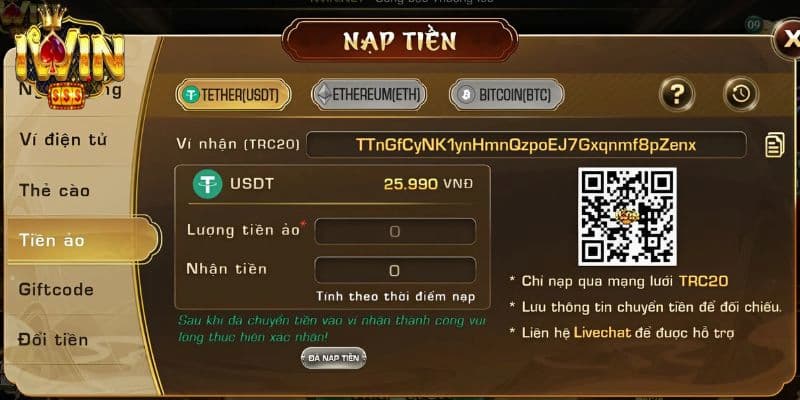 Nạp tiền ảo đơn giản tại Iwin